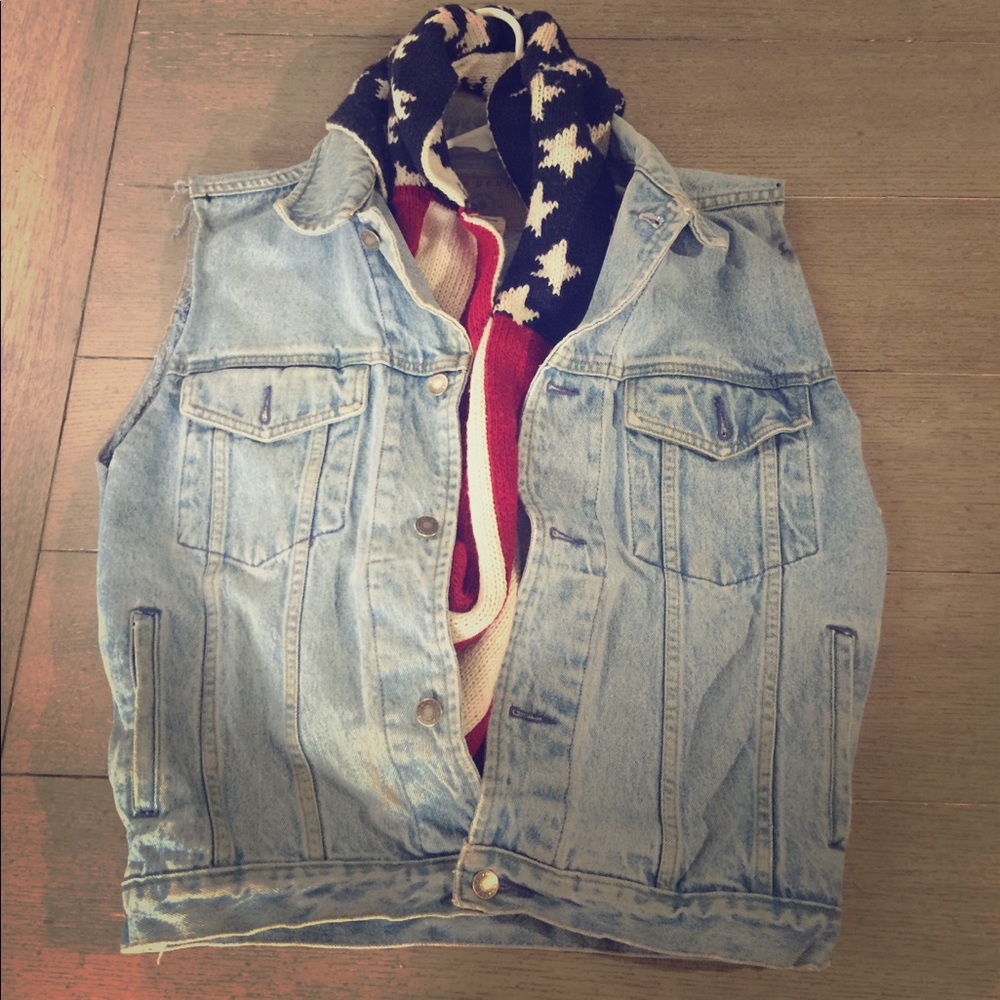 Vintage Gap custom denim vest and knitted scarf.